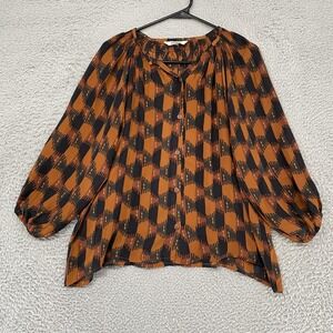 Tucker Silk Top Womens Petites P Brown Geometric Balloon Sleeve Blouse Flowy